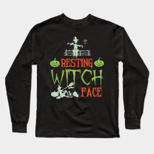 Halloween Shirt Resting Witch Face Broomstick Hat Women Long Sleeve T-Shirt